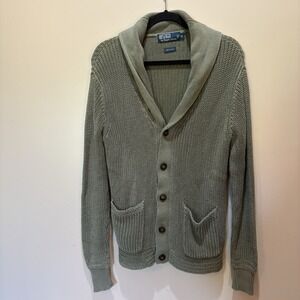 Polo Ralph Lauren Cardigan‎ Sweater Men Small Green Cable Knit Shawl Collar